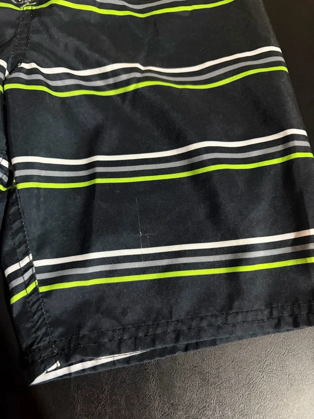 Boys Black Swim Trunks with Lime and White Stripes